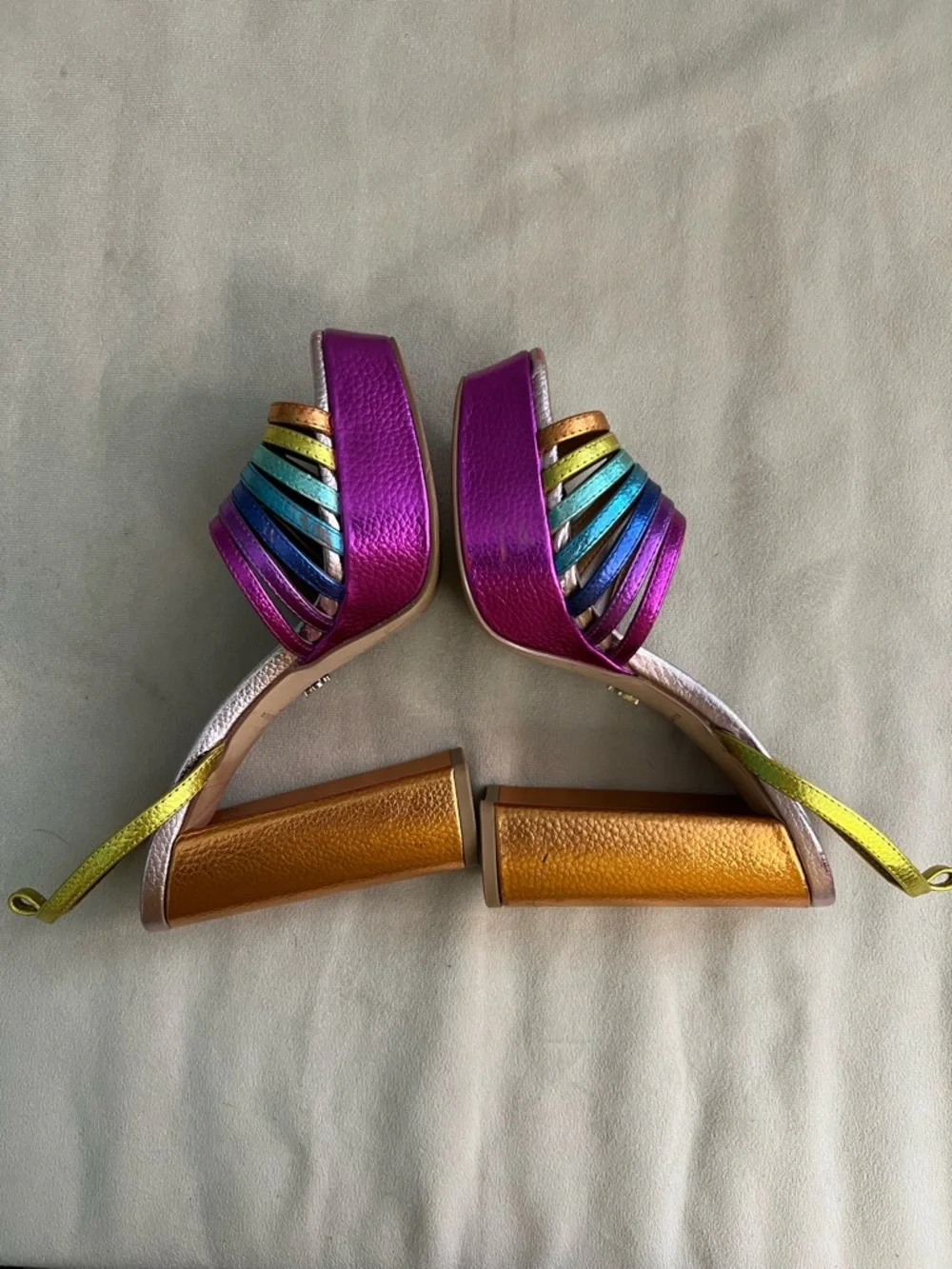 🌈 Kurt Geiger London Rainbow Platform Heels 💖 Metallic Slingback Block Heel 36.5